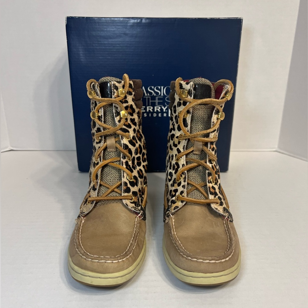 Sperry Topsider Hikerfish Leather Leopard Print Calf Hair Boots. Size 6 With Box - Picture 2 of 13